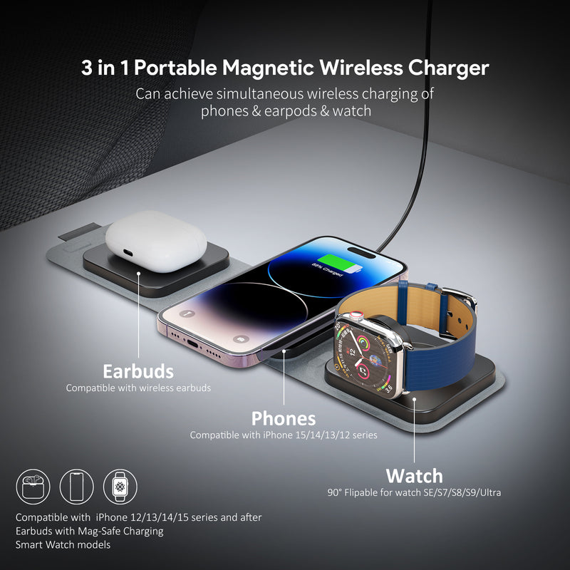 15W 3-in-1 Collapsible Magnetic Wireless Charger