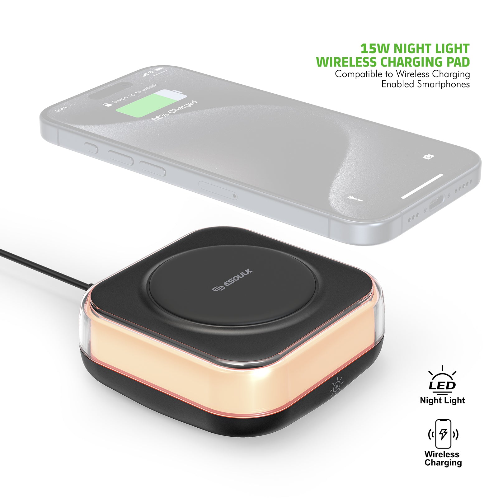 BLACK 15W NIGHT LIGHT WIRELESS CHARGING PAD