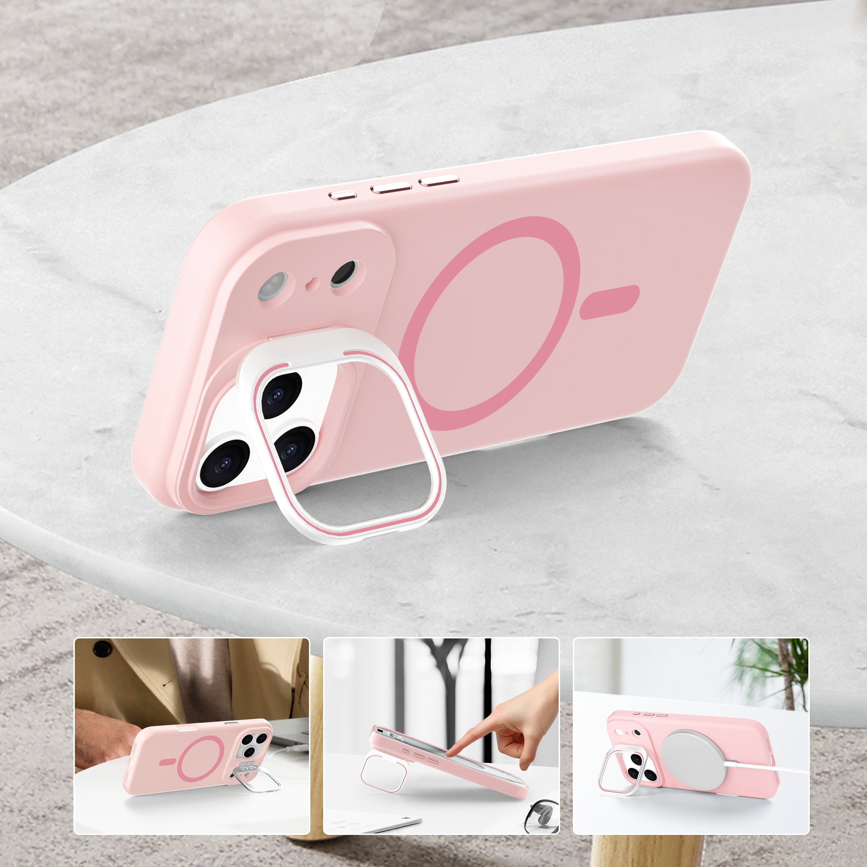 Pink Silicone Camera Kickstand with Magnetic Compatibility for iPhone 17 Pro Max with package