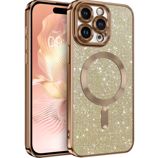 Gold Glitter Soft TPU Case with Magnetic Compatibility for iPhone 15 Pro Max