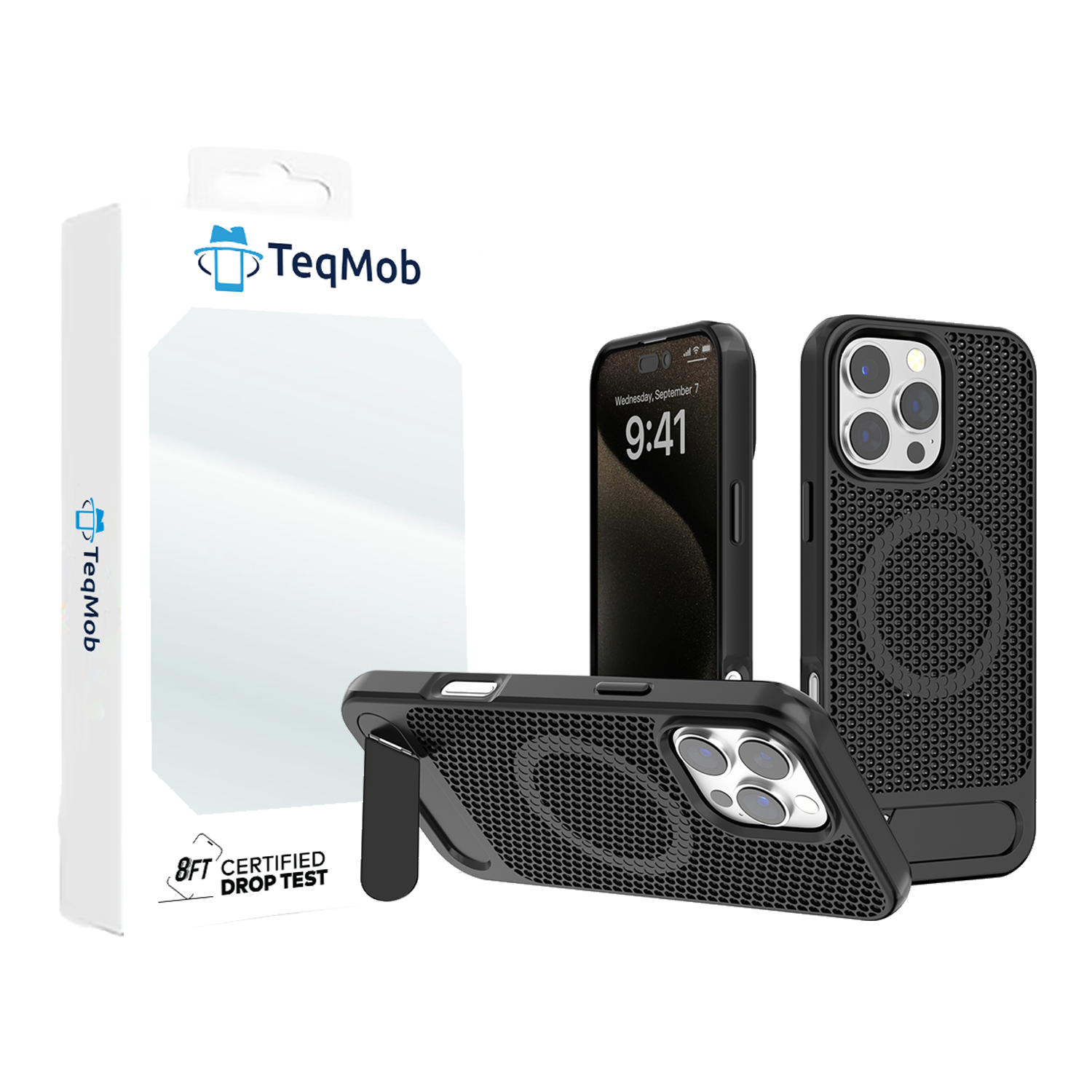 Black Grid Case with Built-In Kickstand and Magnetic Compatibility for iPhone 16 Pro Max with package