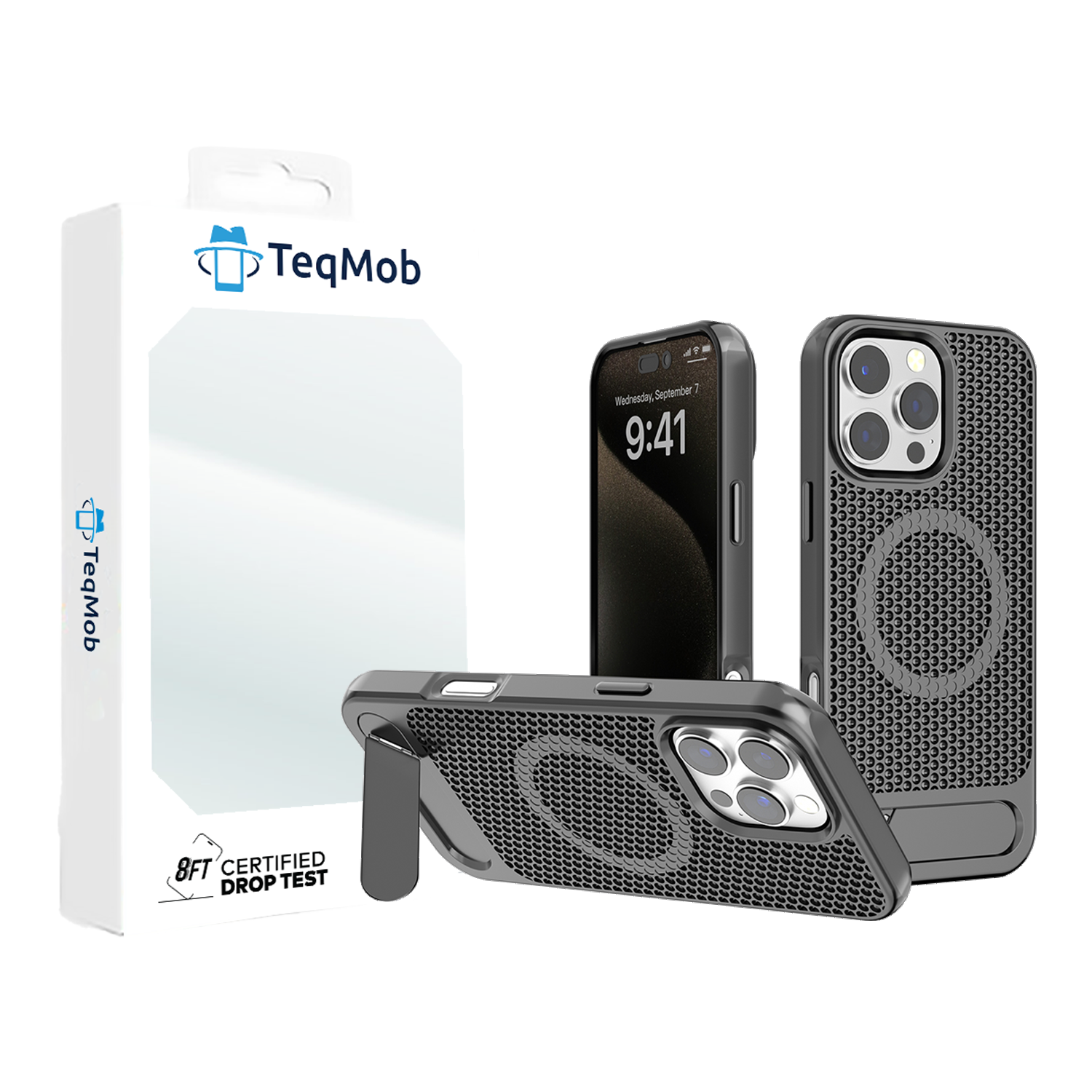 Gray Grid Case with Built-In Kickstand and Magnetic Compatibility for iPhone 16 Pro Max with package