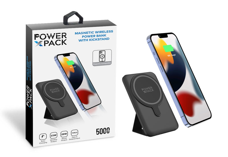 POWER X PACK Magnetic Wireless 5.000mAh Black Power Bank with Kickstand