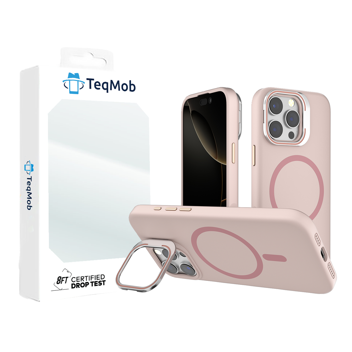 Pink Silicone Camera Kickstand with Magnetic Compatibility for iPhone 16 Pro Max with package