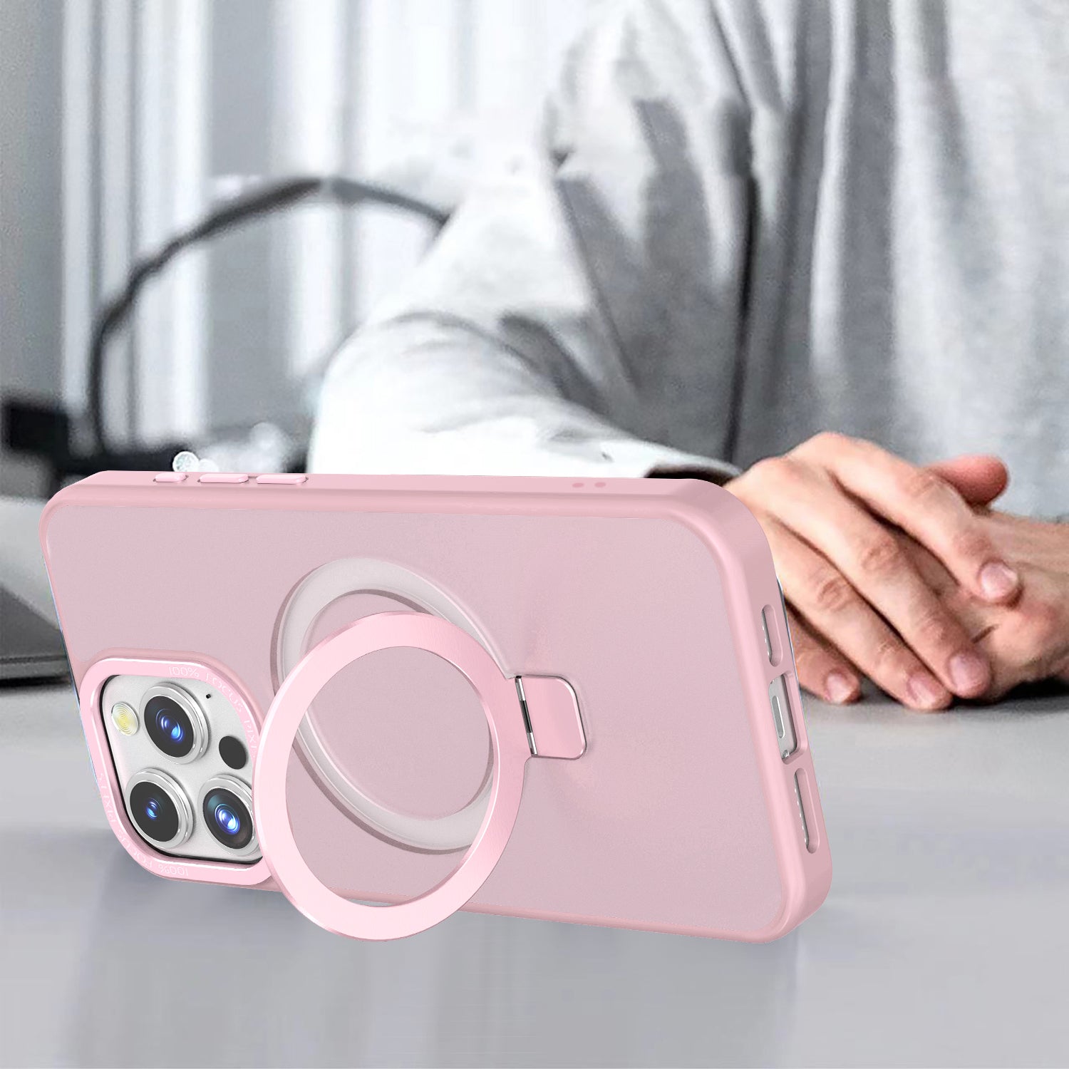 Pink Frosted Kickstand with Magnetic Compatibility for iPhone 15 Plus / iPhone 14 Plus