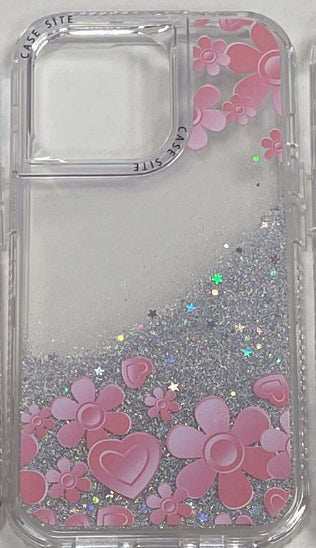 Pink Flowers Glittering Case for iPhone 15 Pro Max