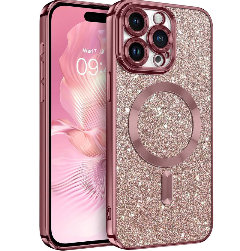 Rose Gold Glitter Soft TPU Case with Magnetic Compatibility for iPhone 16 Pro