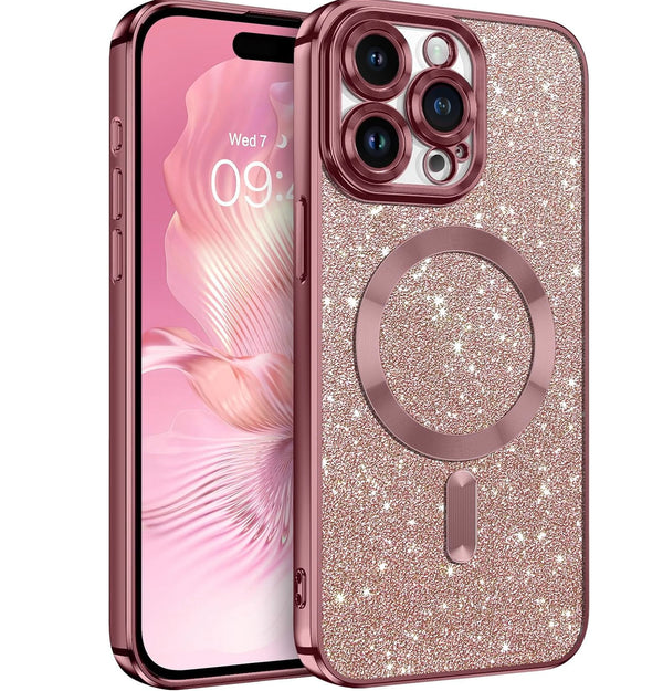 Rose Gold Glitter Soft TPU Case with Magnetic Compatibility for iPhone 15 Pro