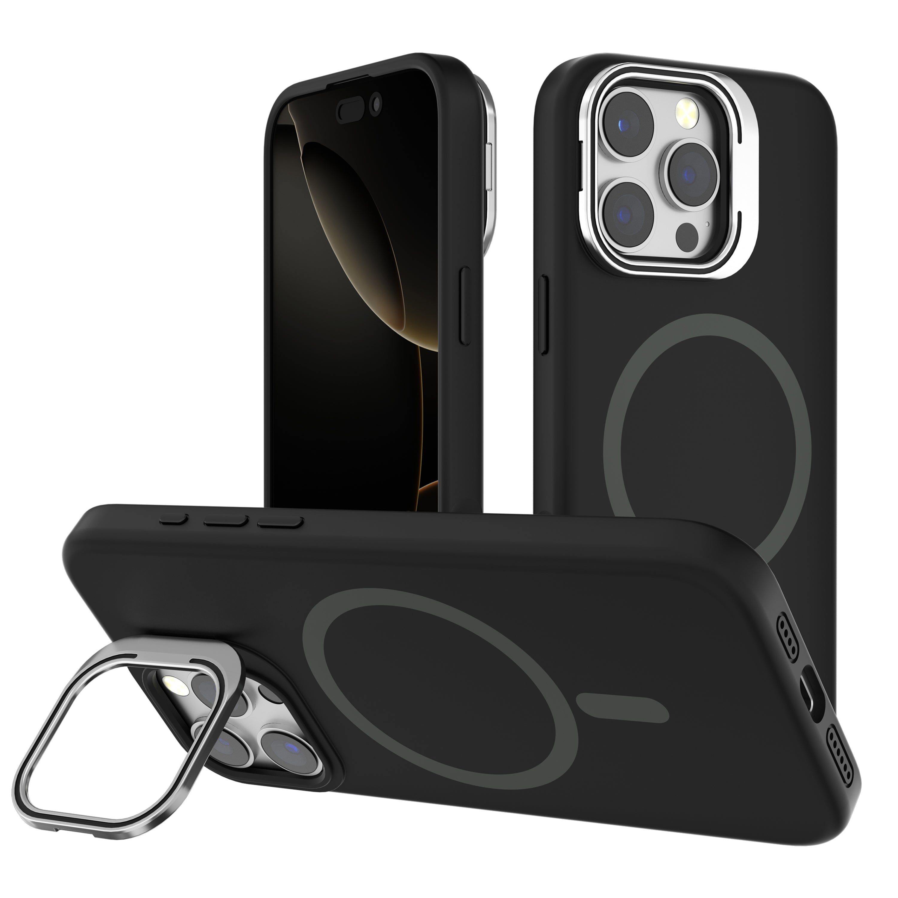Black Silicone Camera Kickstand with Magnetic Compatibility for iPhone 15 Pro