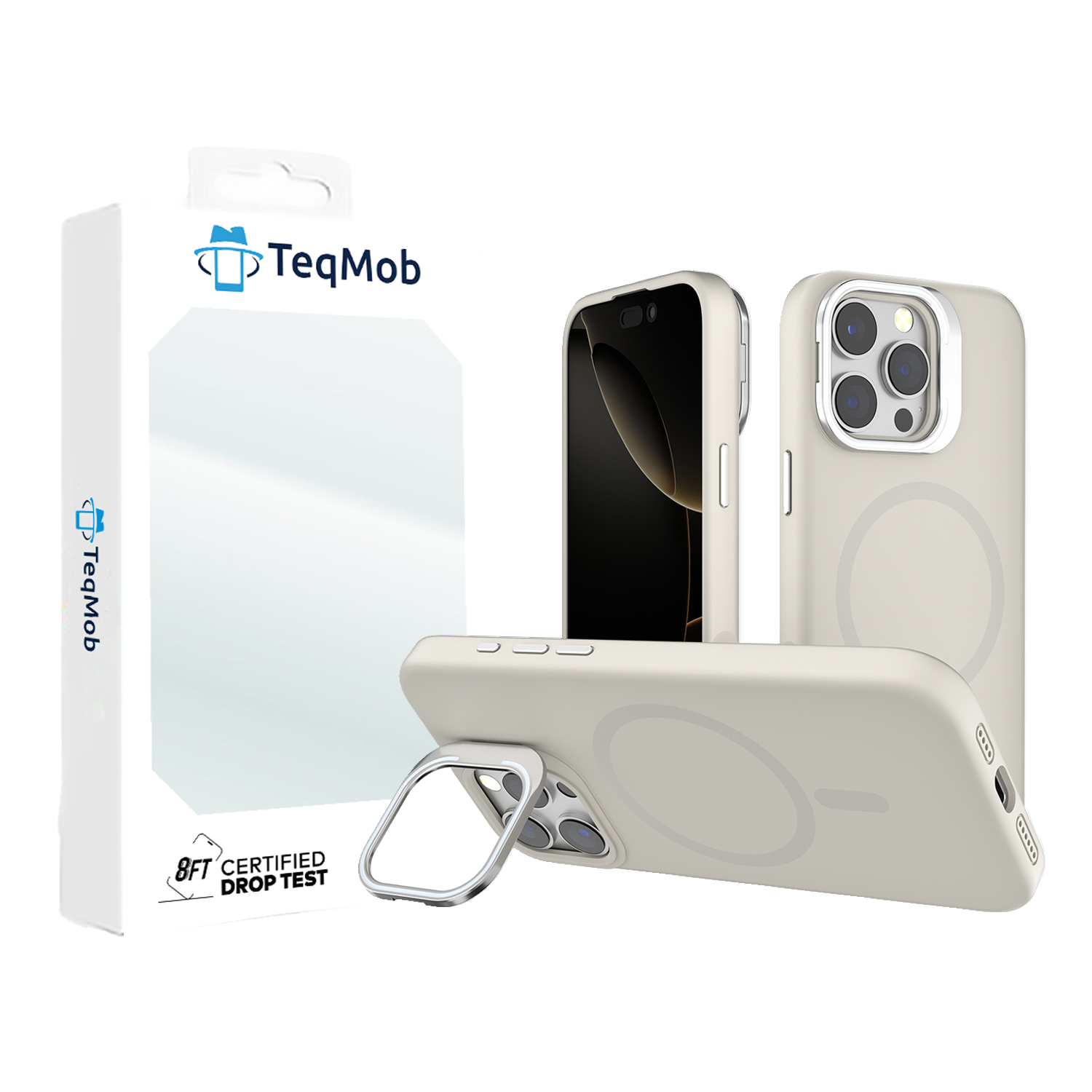 Off-White Silicone Camera Kickstand with Magnetic Compatibility for iPhone 16 Pro Max with package
