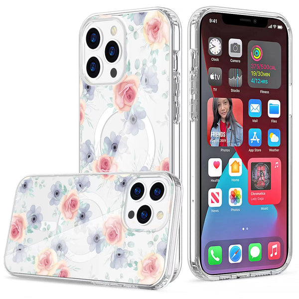Blue Flowers Magnetic Compatible Case for iPhone 14 Pro