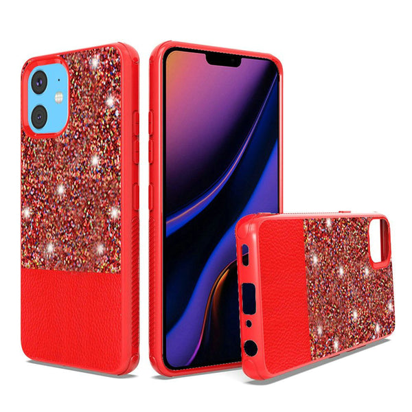 Red iPhone 11 PU Leather Glitter Hybrid with Chrome TPU
