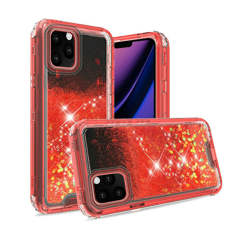 Red iPhone 11 PRO 3in1 High Quality Transparent Liquid Glitter Snap On Hybrid