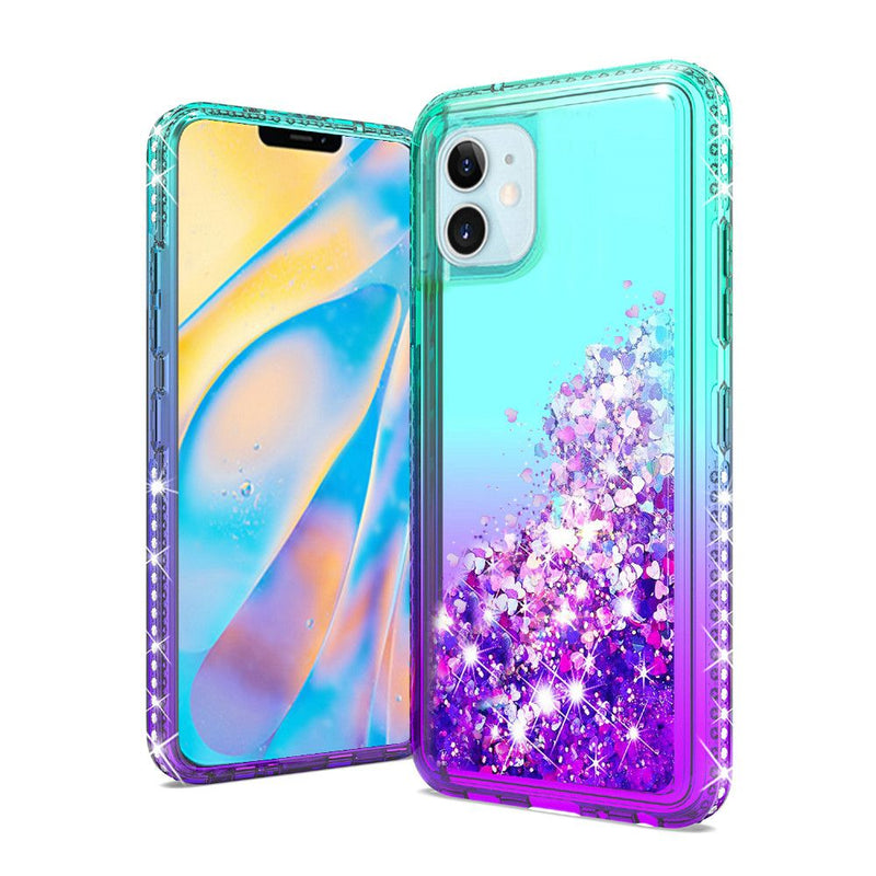 iPhone 12 5.4 Two Tone Diamond Water Quicksand Glitter - Green+Purple
