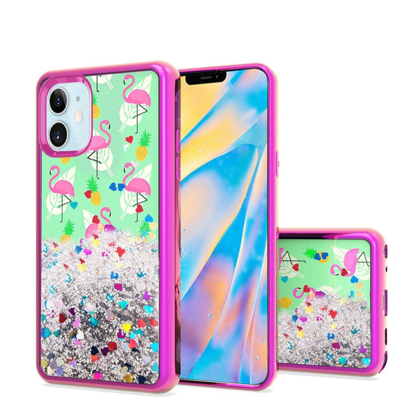 iPhone 12 5.4 Design Water Quicksand Glitter Chrome TPU - Flamingo Pine Feather