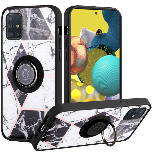 For Samsung Galaxy A51 5G Unique IMD Design Magnetic Ring Stand Cover Case - Classy Marble on Black