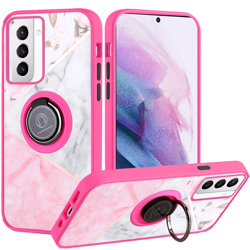 For Samsung S21 Ultra/S30 Ultra 7.1 inch Unique IMD Design Magnetic Ring Stand Cover Case - Elegant Marble on Pink