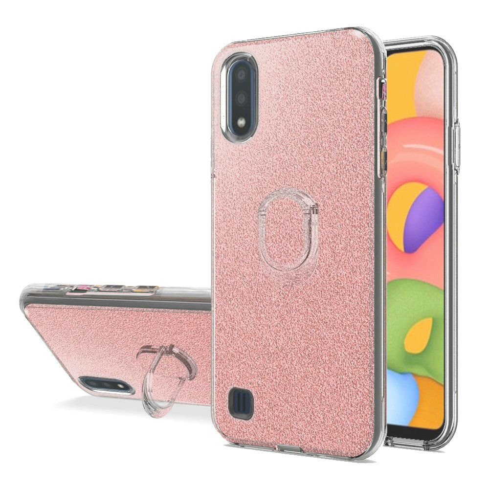 Samsung A01 Shimmering Glitter Ring Stand Case Cover - Rose Gold