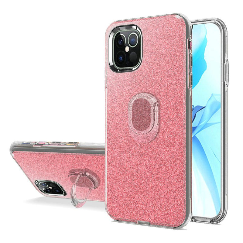 iPhone 12/Pro (6.1 Only) Shimmering Glitter Ring Stand Case Cover - Pink