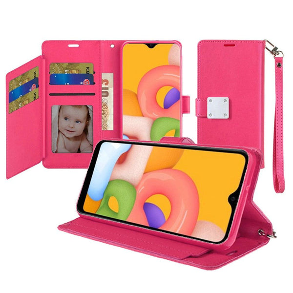 Samsung A01 Wallet ID Card Holder Case Cover - Hot Pink