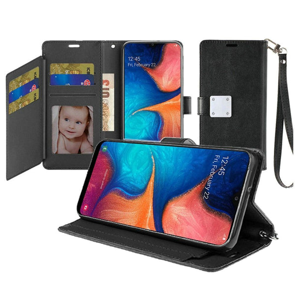 Samsung Galaxy A20 SM-A205 Wristlet Magnetic Metal Snap Wallet with Two Row Credit Card Holder - Black