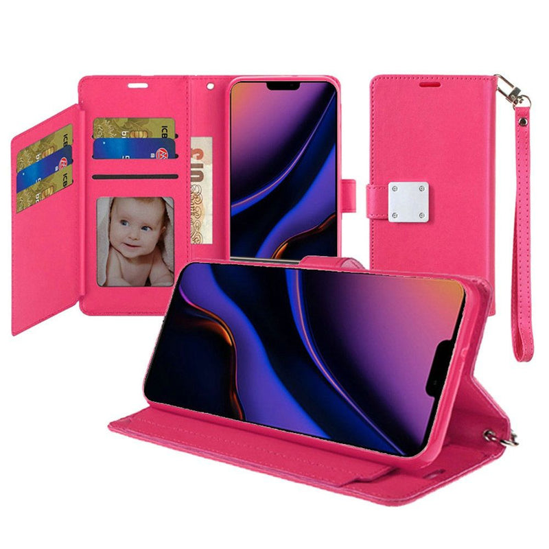 Hot pink iPhone 11 PRO Wristlet Magnetic Metal Snap Wallet with Two Row Credit Card Holder