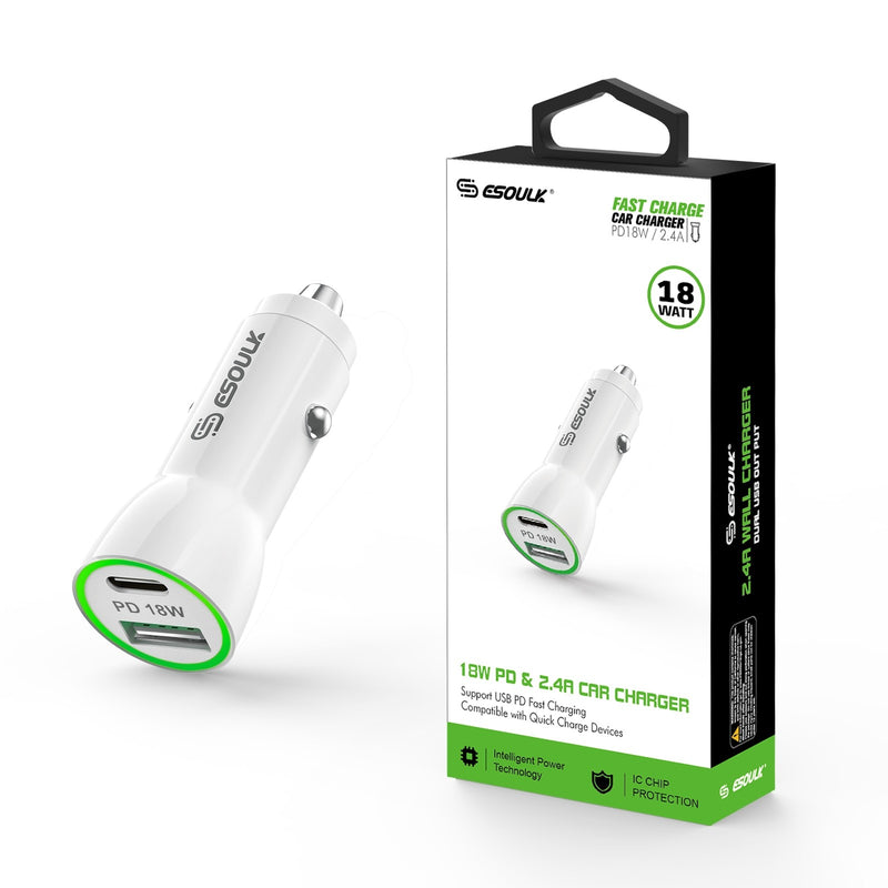 18W PD & USB-A CAR Adapter White