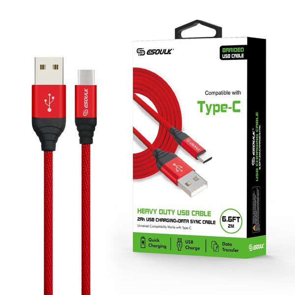 Red Type C Esoulk 2A Heavy Duty Braided Cable 2M（6.6ft)