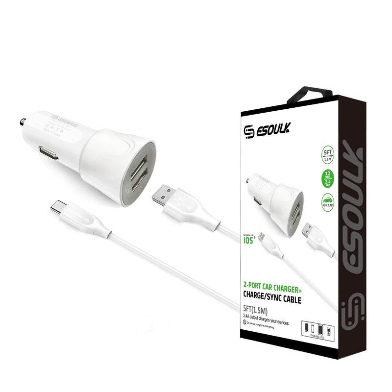 Esoulk 12W 2.4A Dual USB Travel Car Charger With 5FT Type-C Charging Cable