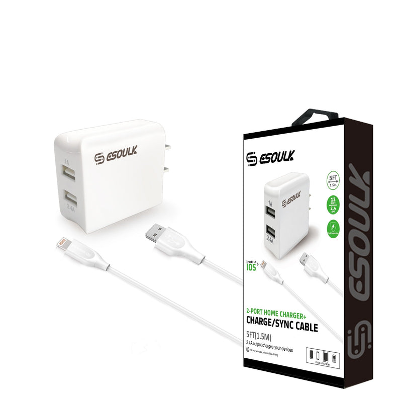 Esoulk 12W 2.4A Dual USB Travel Wall Charger With 5FT Charging Cable For IPhone XS MAX/XS/XR/X/8/7
