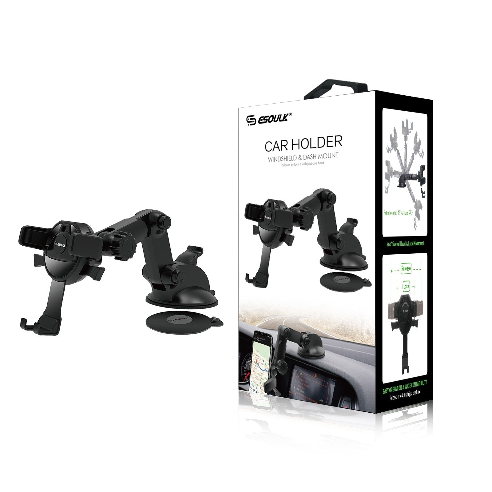 Esoulk One Touch Dashboard Windshield Car Mount Phone Holder-Black