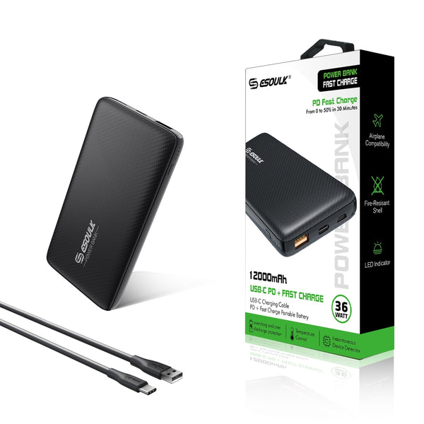Black 36W 12000mAh PD & Fast Charger Power Bank