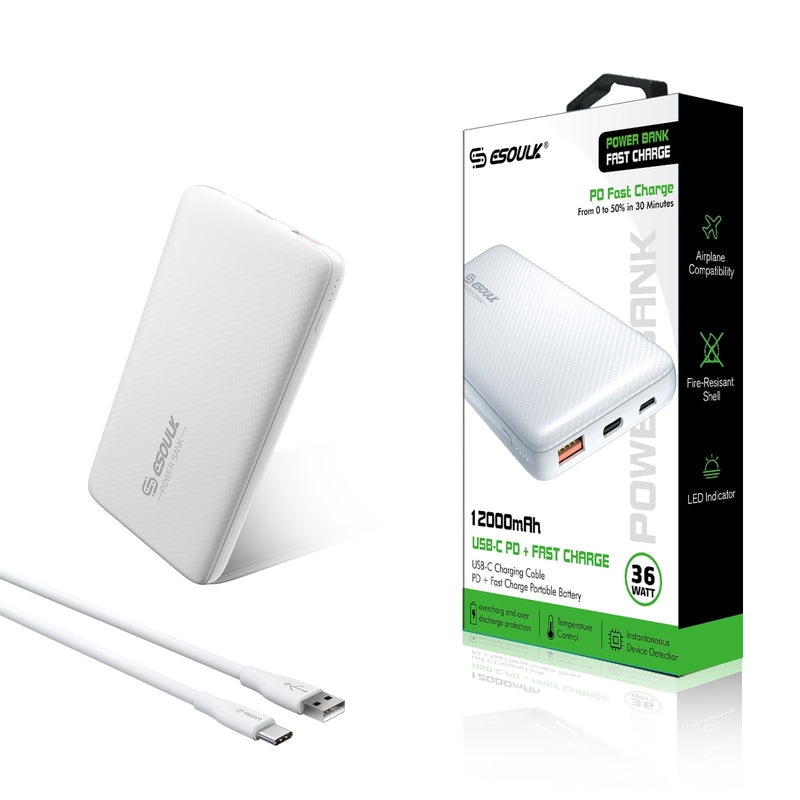 White 36W 12000mAh PD & Fast Charger Power Bank