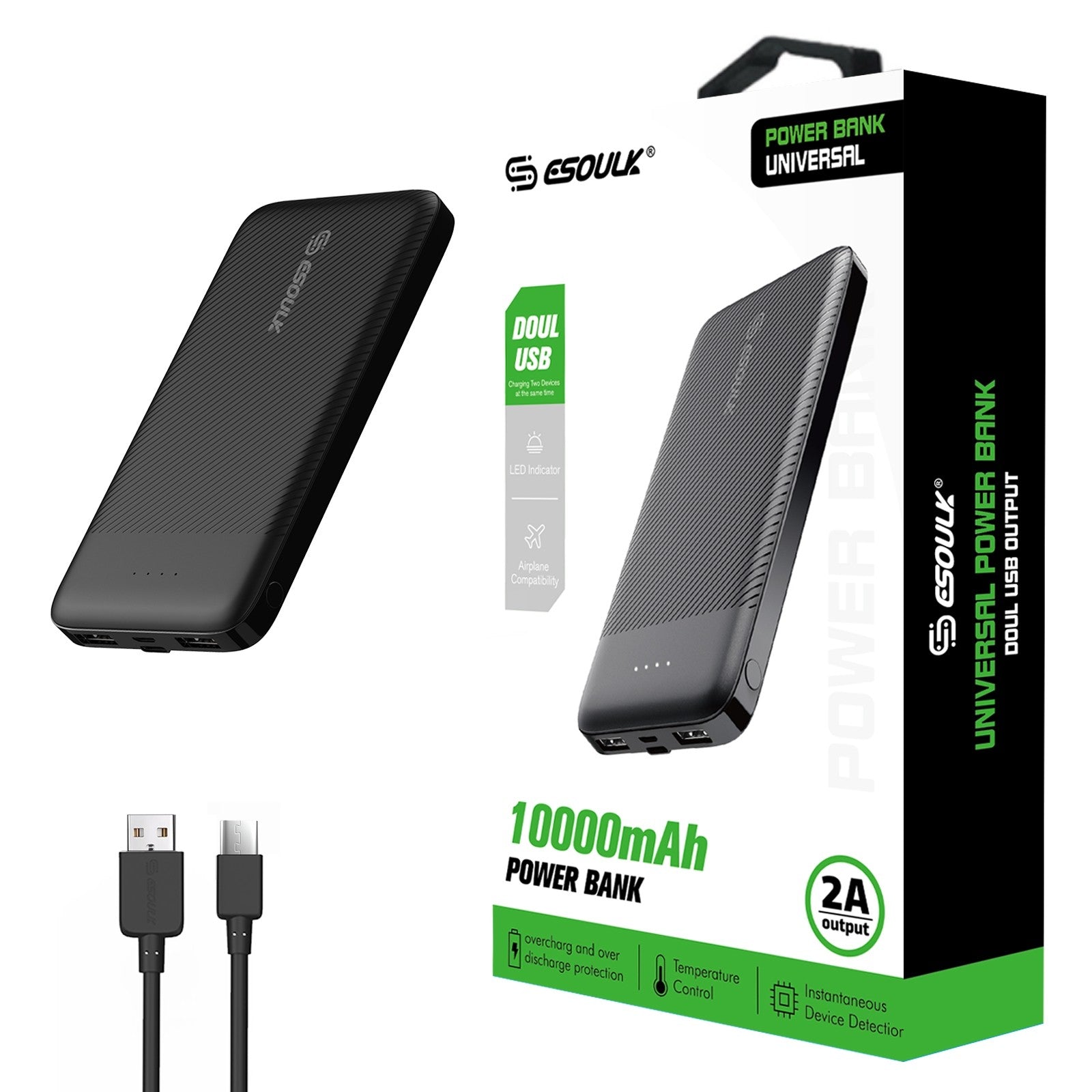 Black 10000mAh 2A Output & Dual USB Power Bank