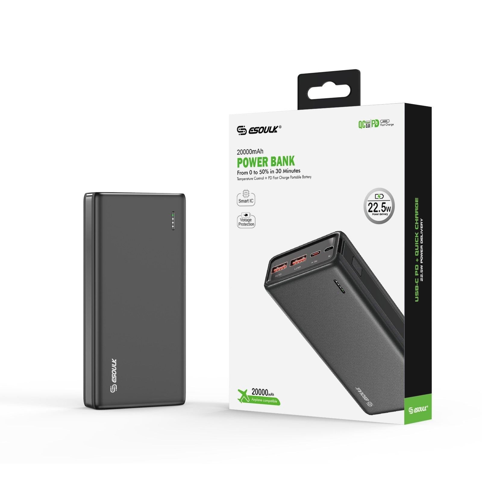 Black 20000mAh PD+QC Power Bank 22.5W