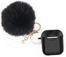 Fluffy Black Air Pods Case Silicone Glittery With Keychain