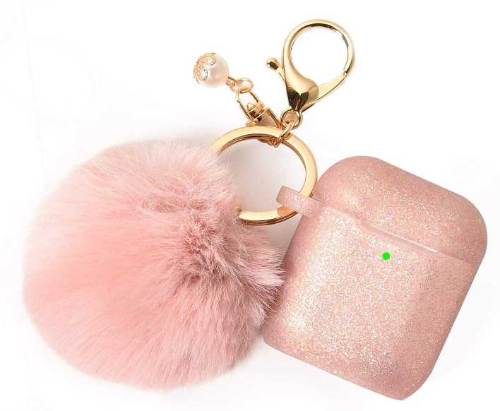 Fluffy Rose Gold Air Pods Case Silicone Glittery With Keychain