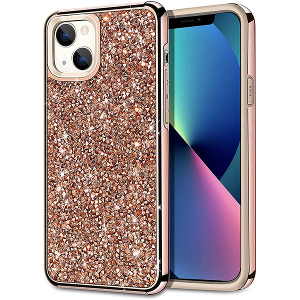 For iPhone 14 6.1 / 13 6.1 Deluxe Diamond Bling Glitter Case Cover - Rose Gold