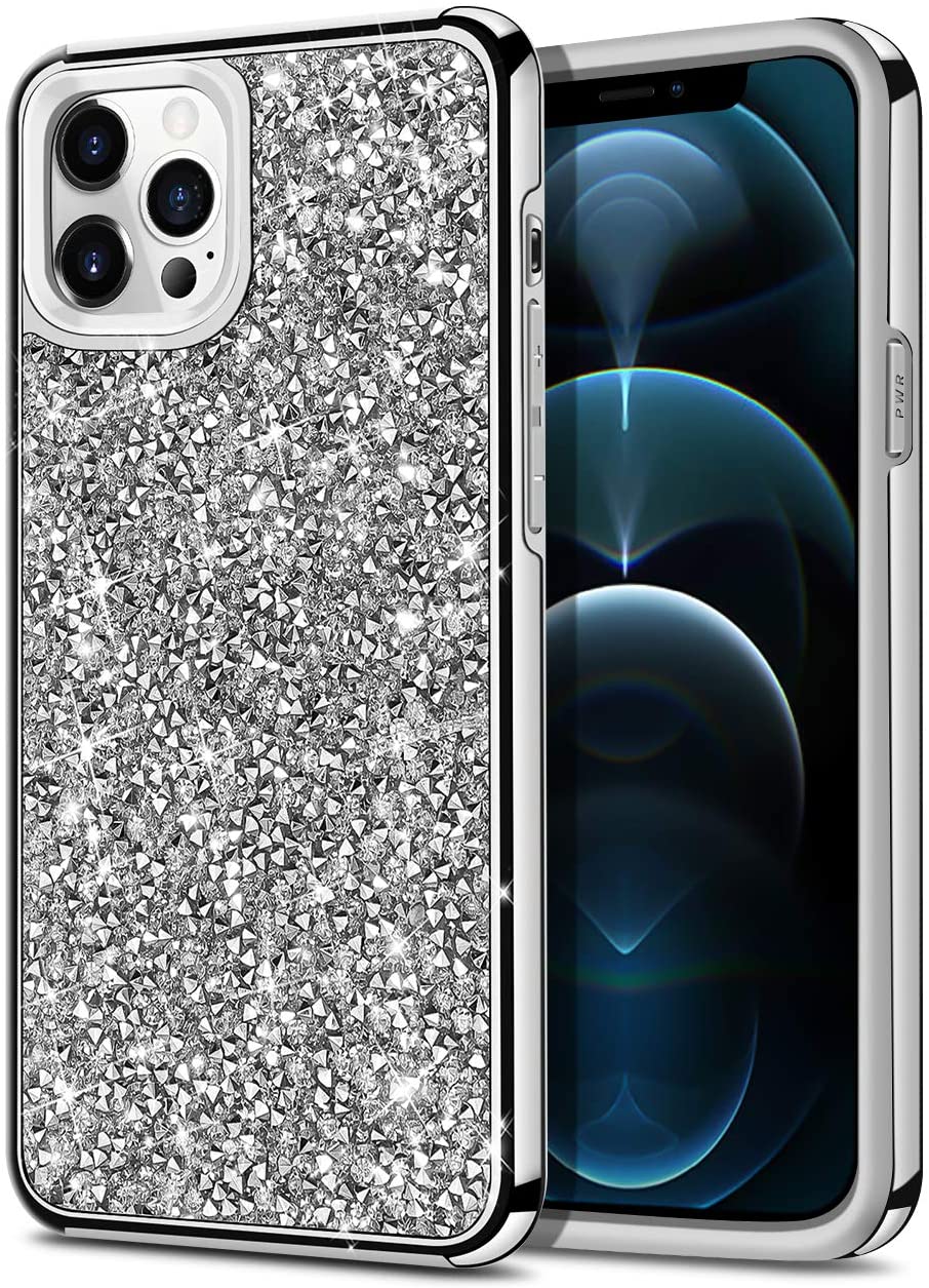 Silver iPhone 12 6.1 inch Deluxe Glitter Diamonds Electroplated PC TPU Hybrid