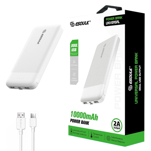 White 10000mAh 2A Output & Dual USB Power Bank